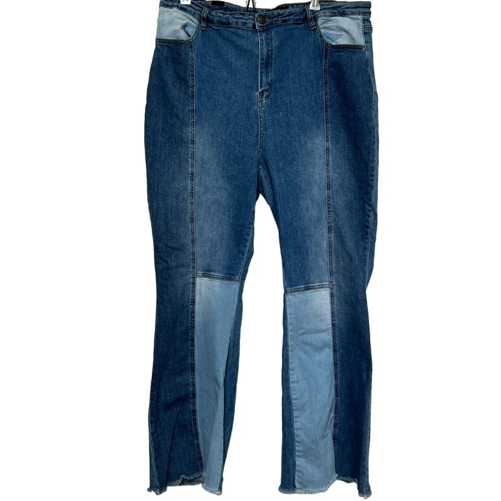 Almost Famous Juniors Patchwork Flare Jeans Blue High Rise Raw Hem Plus Size 22